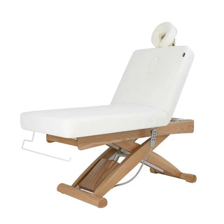 camilla de masaje con elevacion electrica, estructura de madera, colchon de lata gama en color blanco