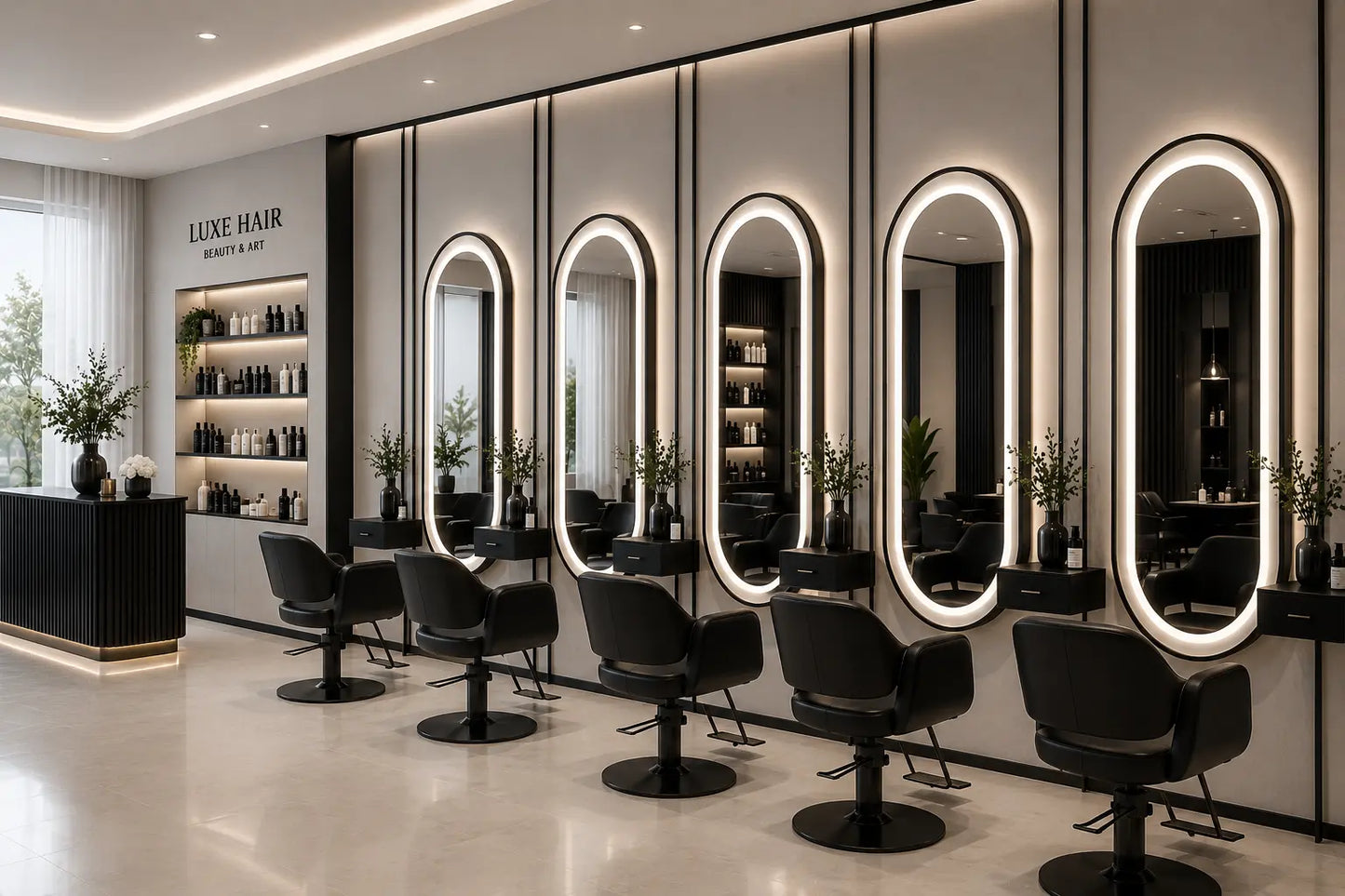 espejo de diseño para peluqueria loop negro de Grupo Belleza