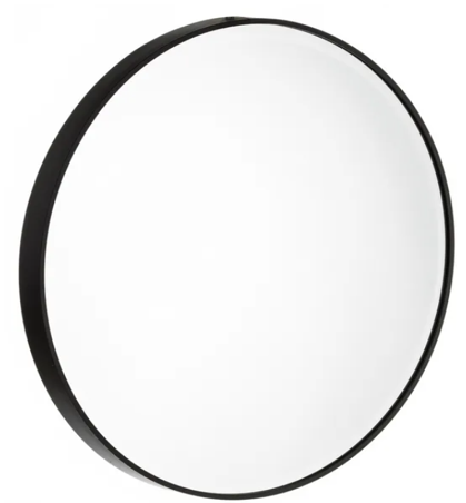 Elegante espejo decorativo redondo con estante, en acero  negro.